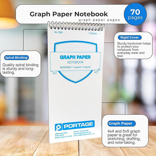 Portage Graph Paper Notebook – Top Bound Spiral Grid Notepad, Small Graph Notebook Writing Pad, Reversible with Notes Template, Thick Cover For Stability – 4 x 8 In, 70 Sheets, 12 Pack