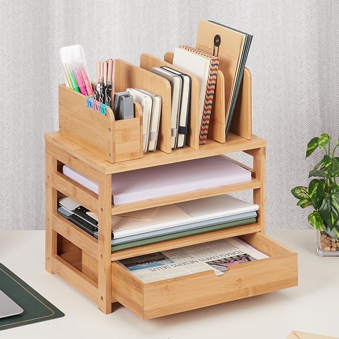 Homde Bamboo Desk Organizer with Drawer and File Holder, Office Organization for Desks with Adjustable Pen Holding, Desktop Letter Paper Tray Storage for Workplace Home School (Natural, L)