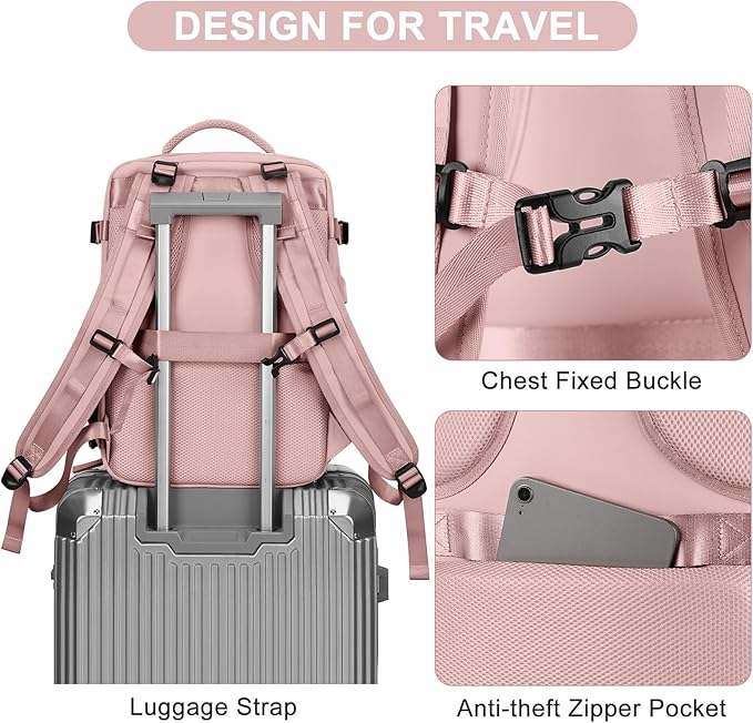 Personal Item Travel Backpack for Women Airline Approved Carry on Backpack Flight Approved Waterproof Sports Luggage Backpack Casual Daypack Small Hiking Backpack Pink Backpack