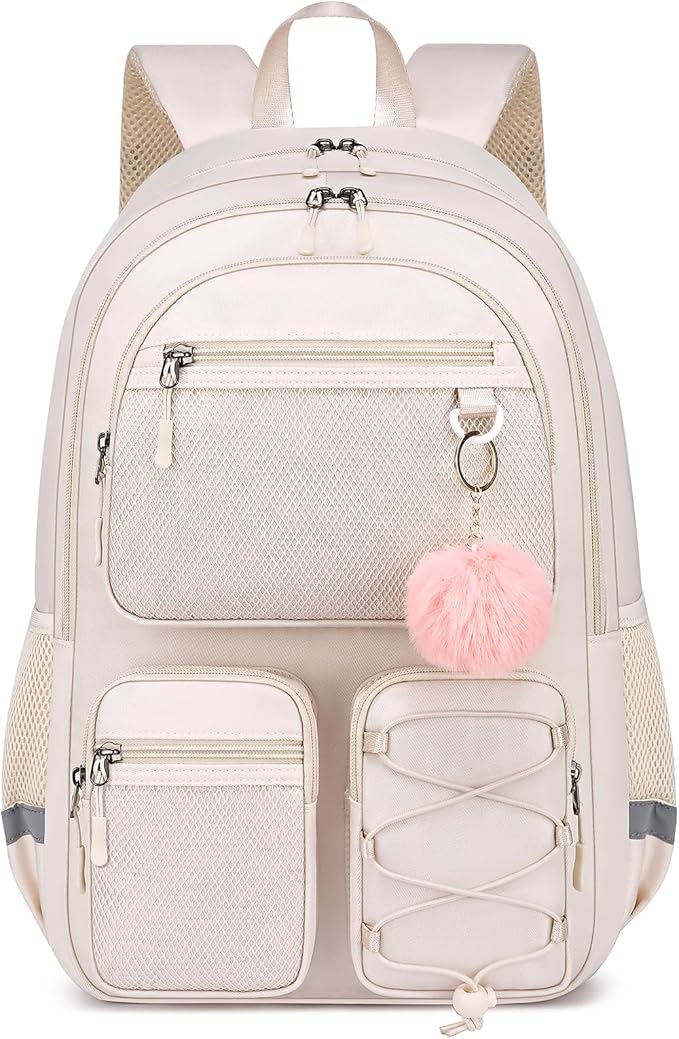 School Backpack for Teen Girls, Cute College Back Pack for Women, Kids Backpack for Girls, Middle Students School BookBag, 15.6 Inch Laptop Bag Travel Back Pack, Beige