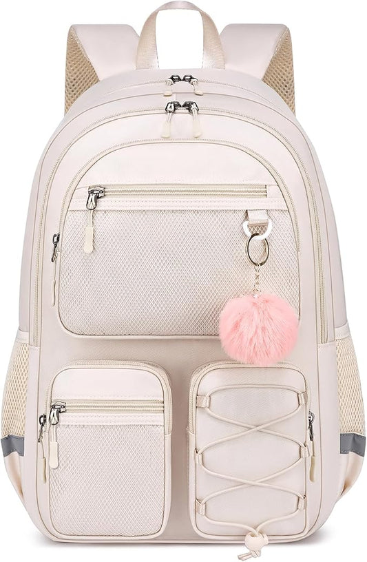 School Backpack for Teen Girls, Cute College Back Pack for Women, Kids Backpack for Girls, Middle Students School BookBag, 15.6 Inch Laptop Bag Travel Back Pack, Beige