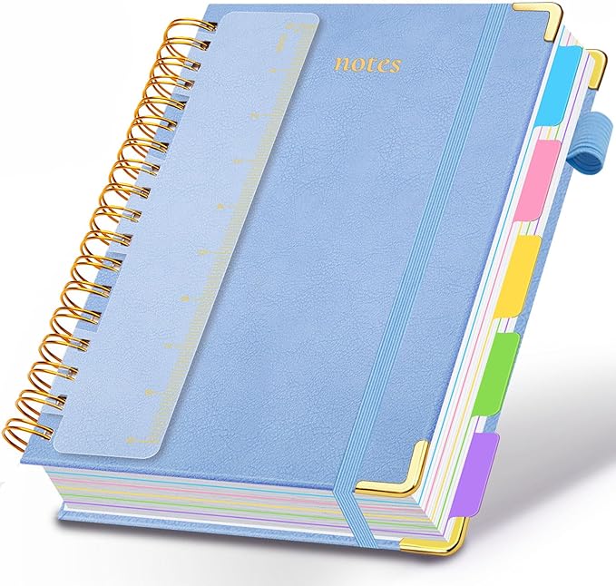 Hardcover Spiral Notebook 8"x10" Journal Notebook with Tabs and Removable Dividers 300 Pages 5 Subject Notebook College Ruled, Faux Leather Spiral Bound Notebook for Women, Students, School Work (Lake Blue)