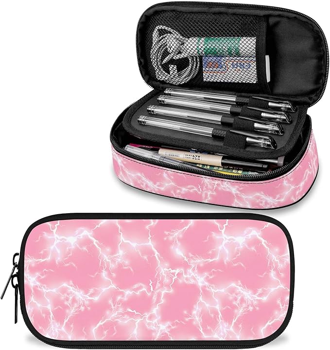 Lightning Large Pencil Case Big Capacity Pink Pencil Pouch for Girls Boys Teen Women Men Adult, Portable Kids Pencil Bag with Zipper, Stationery Storage Pen Bag for School Supplies Office Organizer