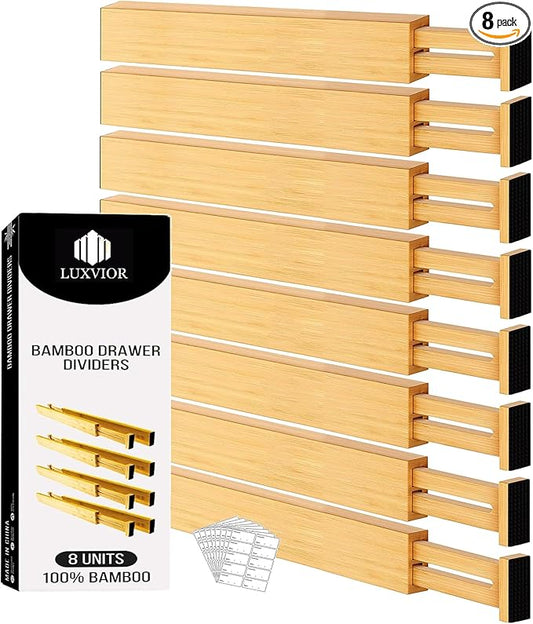 Expandable Bamboo Drawer Dividers 8 pack with labels(17"-22") Drawer Organizer for Kitchen, Clothes,Utensils,Silverware,Dresser,Office,Desk