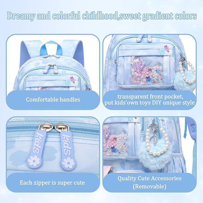 Lovely Girls Backpack School Bag for Students Kids Book Bag with Multiple Pockets Splash-proof Children's Backpack（17inch Set Blue）