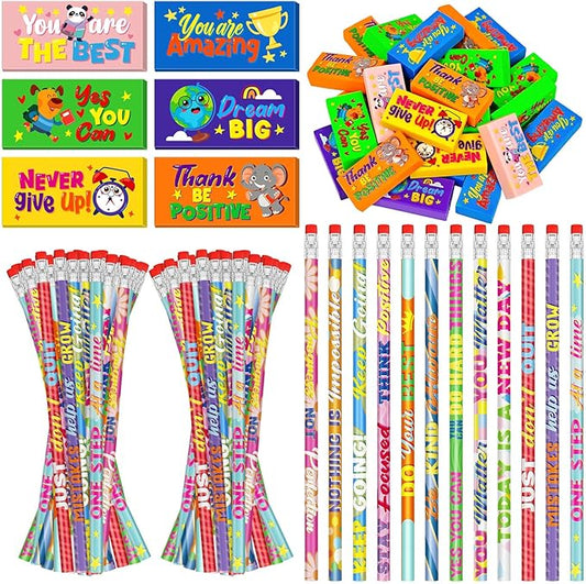 Cinrobiye 100 Pcs Inspirational Pencils with Erasers for Kids，Motivational Pencil Erasers Bulk Back to School Gifts Supplies Party Favor Goody Bag Fillers for Students Classroom Teacher Prizes Reward