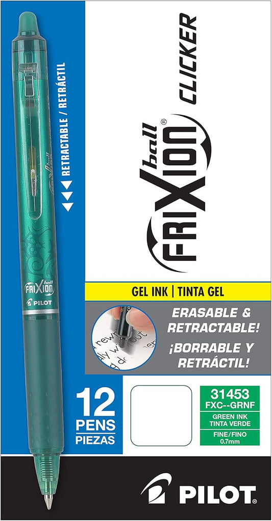 Pilot, FriXion Clicker Erasable Gel Pens, Fine Point 0.7 mm, Pack of 12, Green