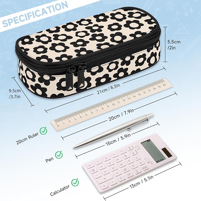 Beige with Black Flower Large Pencil Pouch Big Capacity Cute Pencil Case for Girls Boys Teen Women Men Adult,Portable Kids Pencil Bag with Zipper,Stationery Storage Pen Bag for School Office Organizer