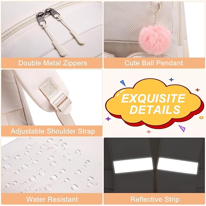 School Backpack for Teen Girls, Cute College Back Pack for Women, Kids Backpack for Girls, Middle Students School BookBag, 15.6 Inch Laptop Bag Travel Back Pack, Beige