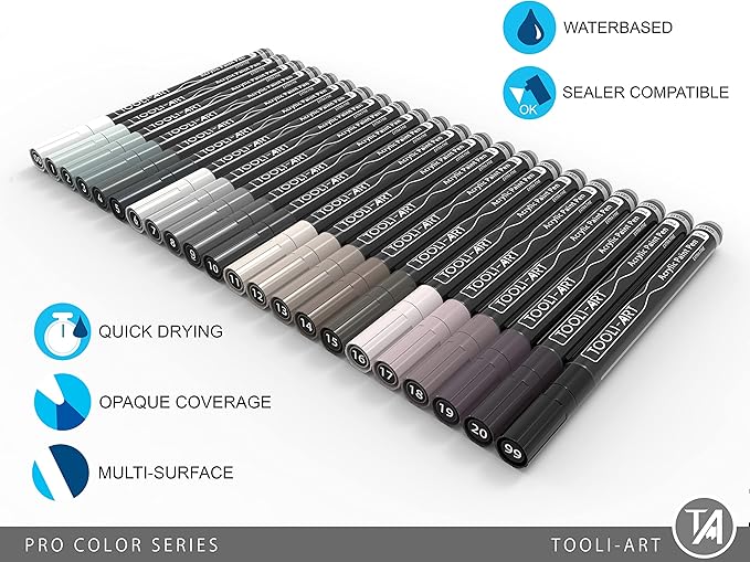 Acrylic Paint Pens 22 Gray Tones Assorted Pro Color Series Markers Set 0.7mm Extra Fine Tip for Rock Painting, Glass, Mugs, Wood, Metal, Canvas, Projects, Non Toxic, Waterbased, Quick Drying