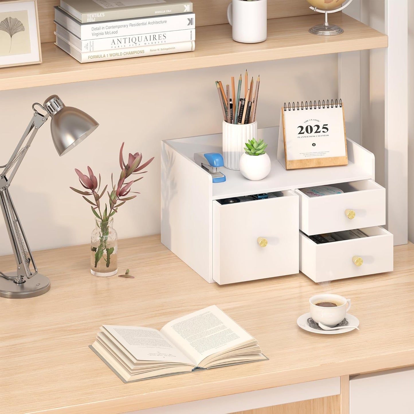 Bamboo Desk Organizer - Stackable, No Assembly Required, Ideal for Office/Home Use - Perfect for Toiletries, Stationery, Accessories. (White, Square drawer to the left of the fence)