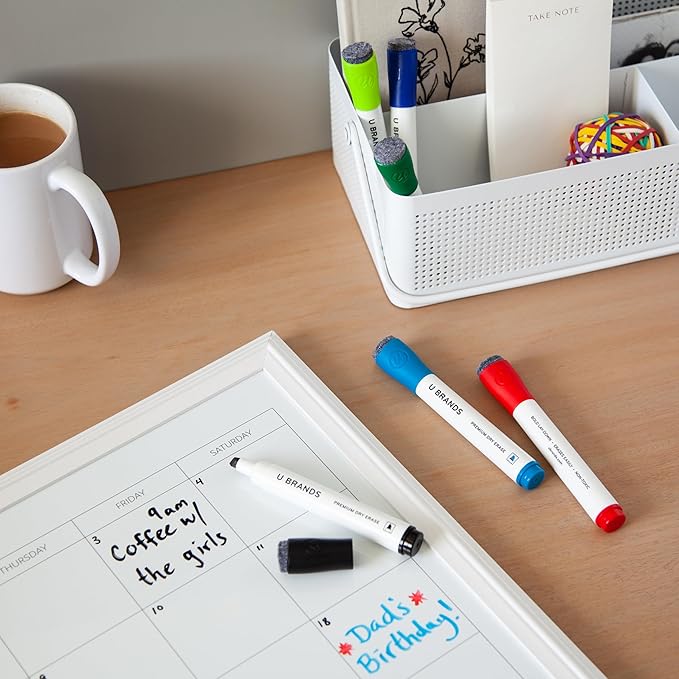 U Brands Fine Tip Dry Erase Markers with Eraser Set of 5, Includes 3 Whiteboard Markers, 1 Eraser, and 1 Board Cleaner Spray