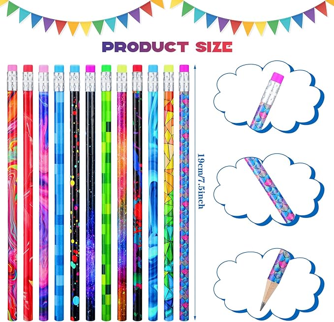 Chinco 300 Pieces Wooden Pencil with Eraser for Kids Assortment Colorful Fun Pencils Bulk with Eraser Kids Novelty Back to School Supplies for Classroom, Student Reward, Stationery Party Favors