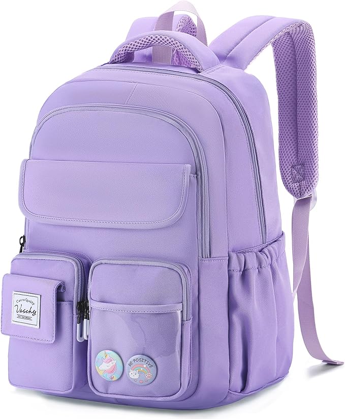 VASCHY Backpack for Girls, Cute School Bag Bookbag for Elementary Middle Schooler Teen Girls/Kids Travel with Clear Pin Pouch Purple