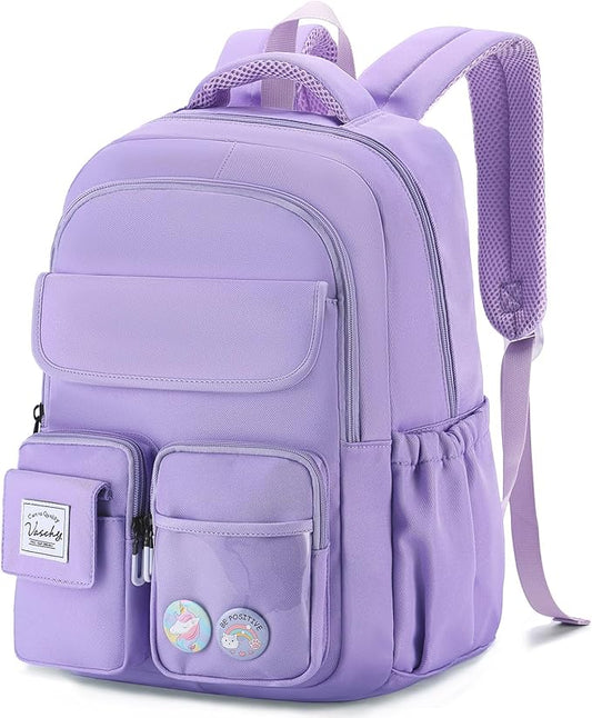 VASCHY Backpack for Girls, Cute School Bag Bookbag for Elementary Middle Schooler Teen Girls/Kids Travel with Clear Pin Pouch Purple