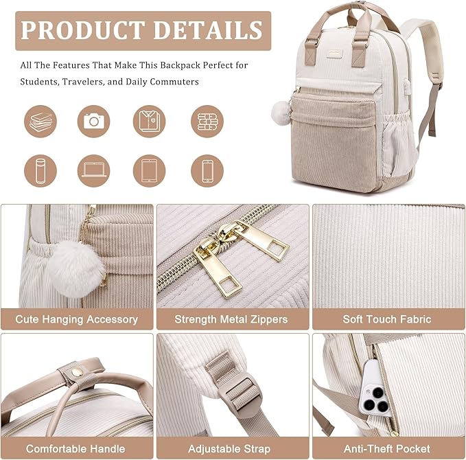 School Backpack for Girls Laptop Bookbag: Casual Corduroy Women Backpacks with USB Charging Port TSA Friendly Travel Back Pack with Anti-Theft Pocket Cute College Daypack for Teen Students Khaki Beige