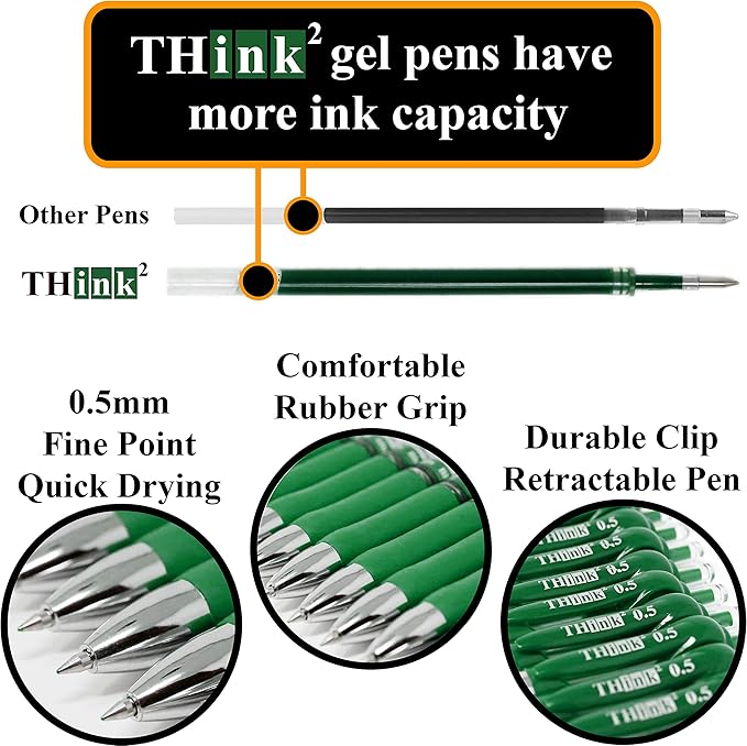 THINK2MASTER [24 Pens - Green Ink] Think2 Retractable Gel Pens. (24 Green) Fine Point (0.5mm) Rollerball Pens with Comfort Grip.