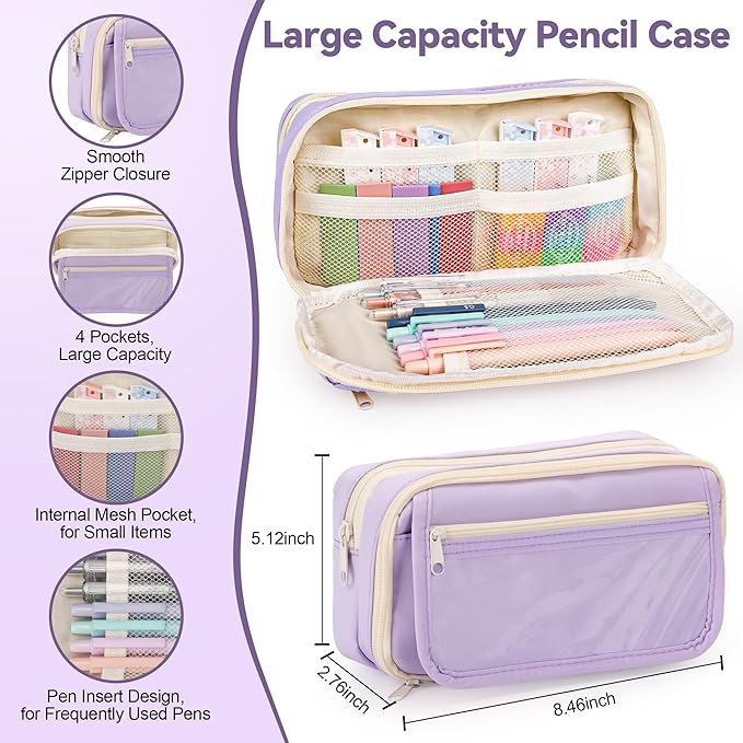 61 PCS Aesthetic School Supplies with Cute Pen Case, Pastel Highlighters, Gel & Erasable Pens, Mechanical Pencils, Refills, Complete Essentials Stationery Kit for Students (Purple)