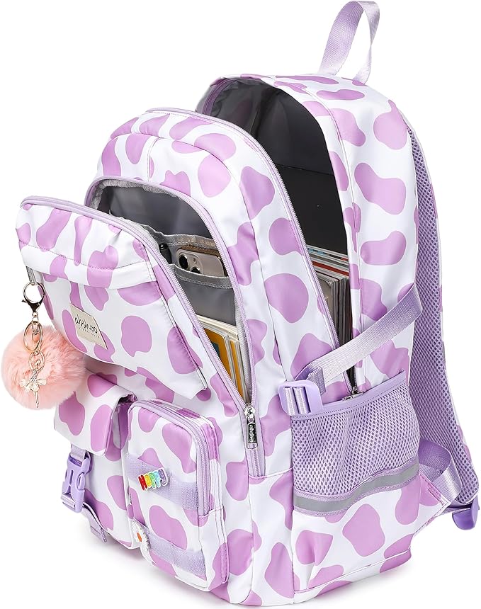 abshoo Big Student Laptop Backpack For College Women Middle High School Teen Girls Bookbag Travel Daypack (Cow Print Purple)