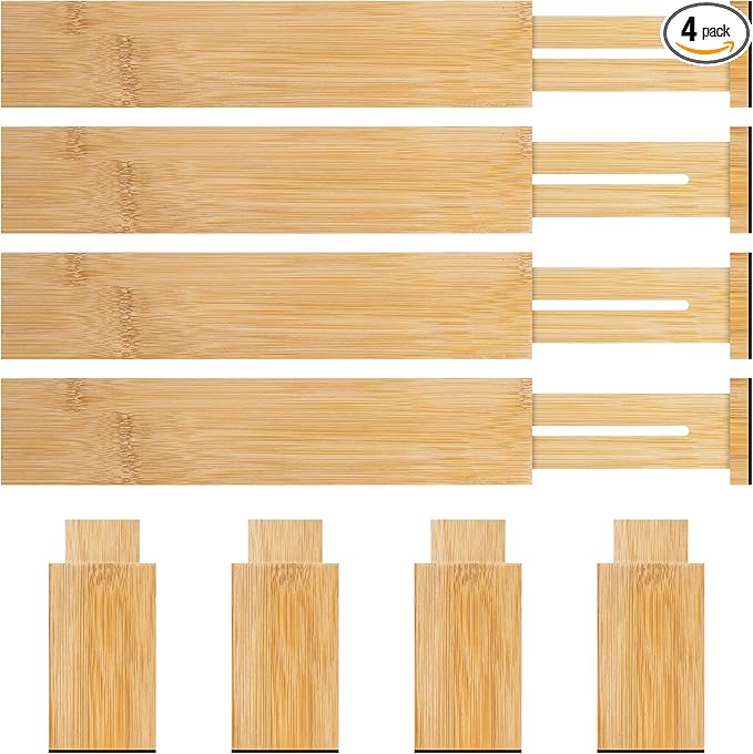 Bamboo Drawer Dividers Organizer with Inserts, Expandable from 12.5-21.7", Adjustable Drawer Organizer Separators for Utensils, Dresser, Bedroom, Bathroom, Closet, Clothing, Office (Beige)