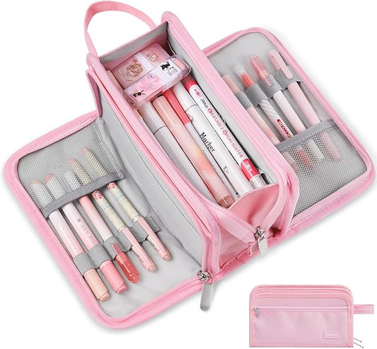 Sooez Large Pencil Case, Big Capacity Pencil Pouch Pen Bag with 3 Compartment, Portable Canvas Stationery Organizer with Zipper, Cute Aesthetic School Supplies for Teen Girls College, Pure Pink