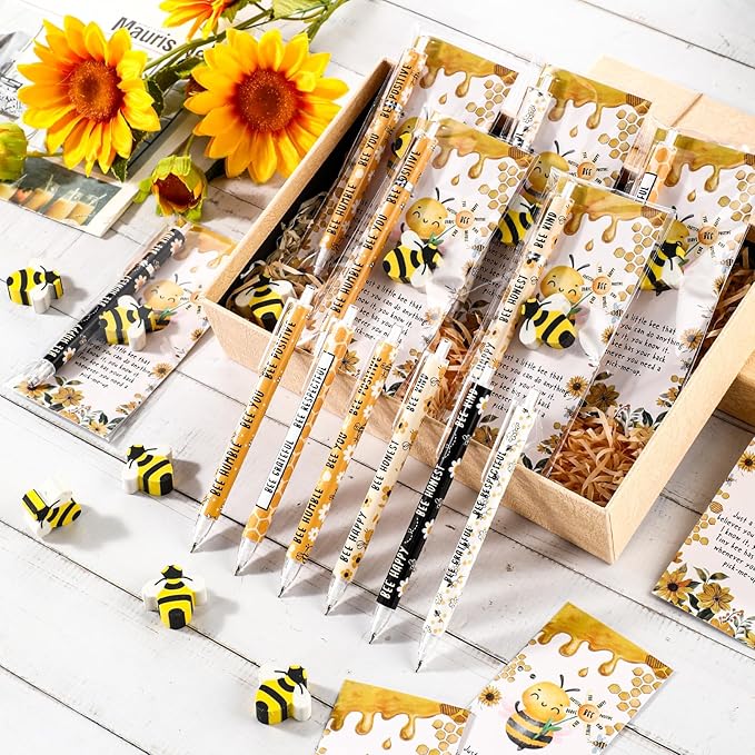 60 Sets Inspirational Bee Gifts Bulk 6 Styles 0.7 mm Motivational Mechanical Pencils with Erasers Positive Cards Back to School Gifts for Student Teacher Coworker Office Supplies