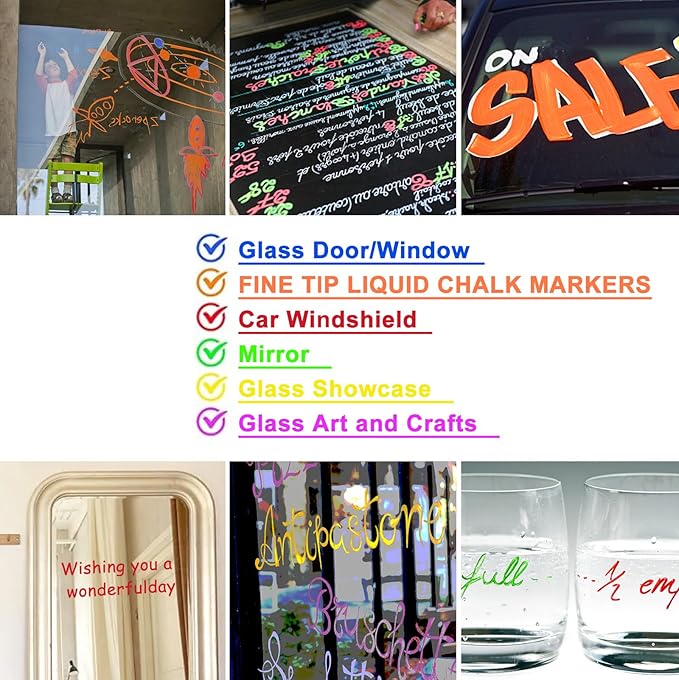 Liquid Chalk Markers for Acrylic Calendar Planning Board, Dry Erase Board Whiteboard, Glass, Mirror, 1mm Fine Points, Easy Wet Erase (10 Color)