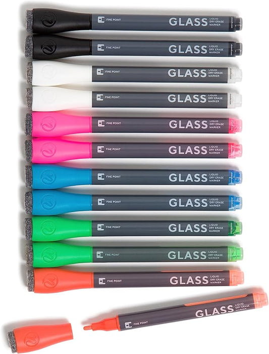 U Brands Fine Tip Liquid Glass Whiteboard Markers with Eraser for Glass Boards, Dry Erase Boards, and Chalk Boards, Assorted Bright Colors, Set of 12