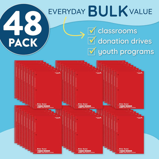 Blue Summit Red Wide Ruled Spiral Notebooks Bulk, 1 Subject Spiral Notebook Wide Ruled, Paper School Bulk Notebooks, 48 Pack