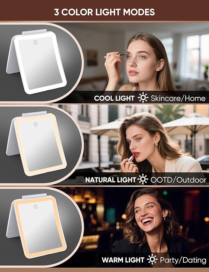 1X/10X Magnifying Makeup Mirror with 3 Colored Lights and Touch Control, 2700mAh Rechargeable LED Vanity Mirror for Home, Bathroom and Travel (Pearl White, with LED Lights)