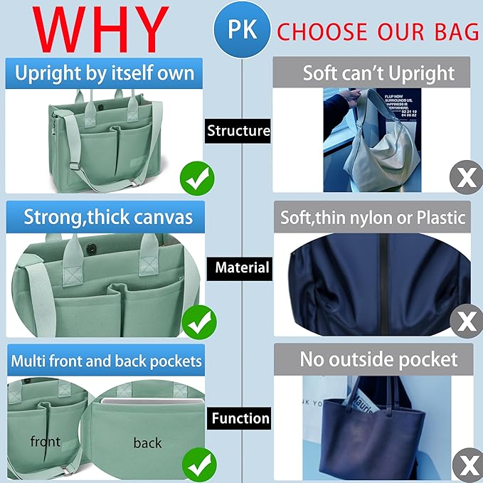 Tote Bag for Women With Compartments,Large Canvas Tote Women's Purse Crossbody Bags Work Laptop Book Bag Satchels Handbags