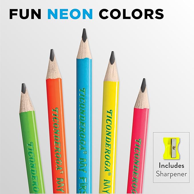 Ticonderoga My First Tri-Write Wood-Cased Pencils with Sharpener, Pre-Sharpened, 2 HB, With Erasers, Neon Colors, 2 Count, 6 Packs