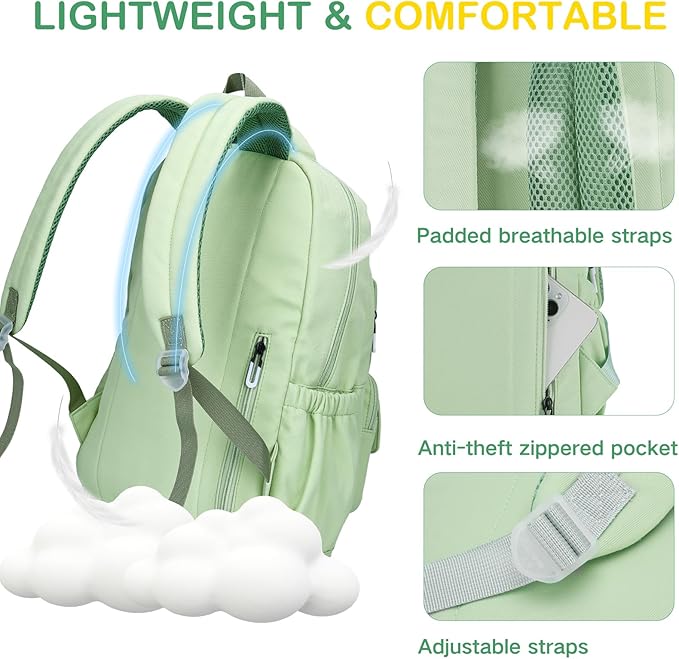 VASCHY Backpack for Girls, Cute School Bag Bookbag for Elementary Middle Schooler Teen Girls/Kids Travel with Clear Pin Pouch Green