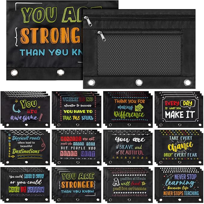 Honoson 36 Pieces Pencil Pouch for 3 Ring Binder Bulk Inspirational Pencil Pouch Double Zip Zipper Pencil Bag for Classroom Binder Cosmetic Bag Pencil Folder Case for School Students Teacher Supplies