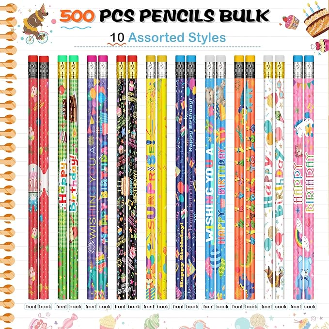 Funrous 500 Pcs Happy Birthday Pencils for Students Bulk Colorful Pencils with Top Erasers for Teachers Classrooms Reward Kids Birthday Party Supplies Gifts, 10 Assorted Style