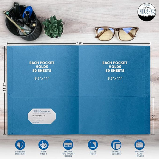 FILE-EZ Two-Pocket Folders, Light Blue, 125-Pack, Textured Paper, Letter Size (EZ-32420)