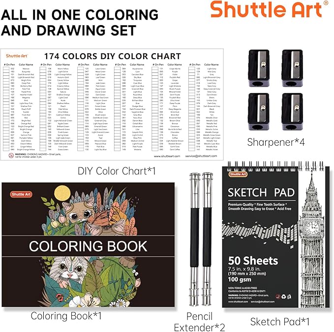 174 Colors Professional Colored Pencils, Shuttle Art Soft Core Coloring Pencils Set with 1 Coloring Book,1 Sketch Pad, 4 Sharpener, 2 Pencil Extender, Perfect for Artists Kids Adults Coloring, Drawing