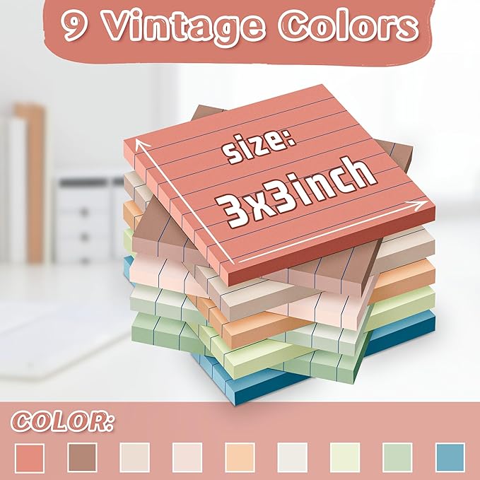 (18 Pack) Lined Sticky Notes 3x3 in Post, Vintage Colors, Sticky Pads, Strong Adhesive, Recyclable, Self-Stick Pads, Easy to Post for Home, Office, Notebook