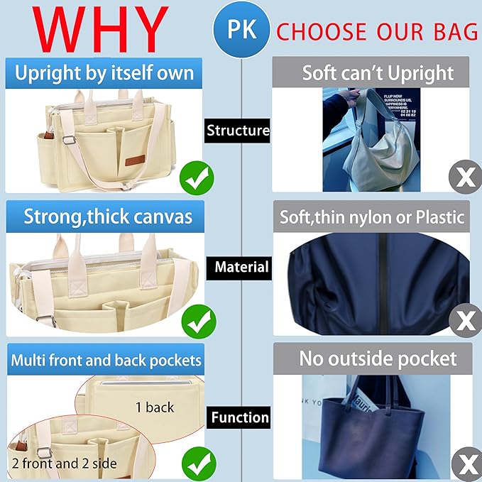 Tote Bag for Women With Compartments,Large Canvas Tote Women's Purse Crossbody Bags Work Laptop Book Bag Satchels Handbags