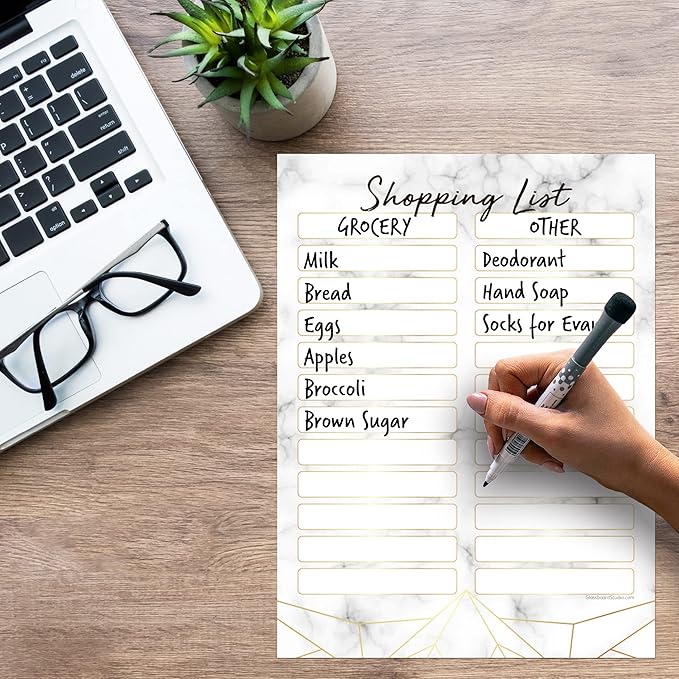 Dry Erase Shopping List Vinyl Sticker Decal Whiteboard by Glassboard Studio | Removable & Reusable | Magnetic Fine-Tip Marker Included (9 x 12 inches, Marble)