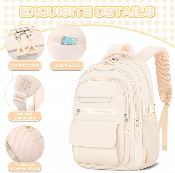 Cute Backpack for School Teen Girls Beige Bookbag Aesthetic Womens Travel Book Bags for School Kids Student Back Packs