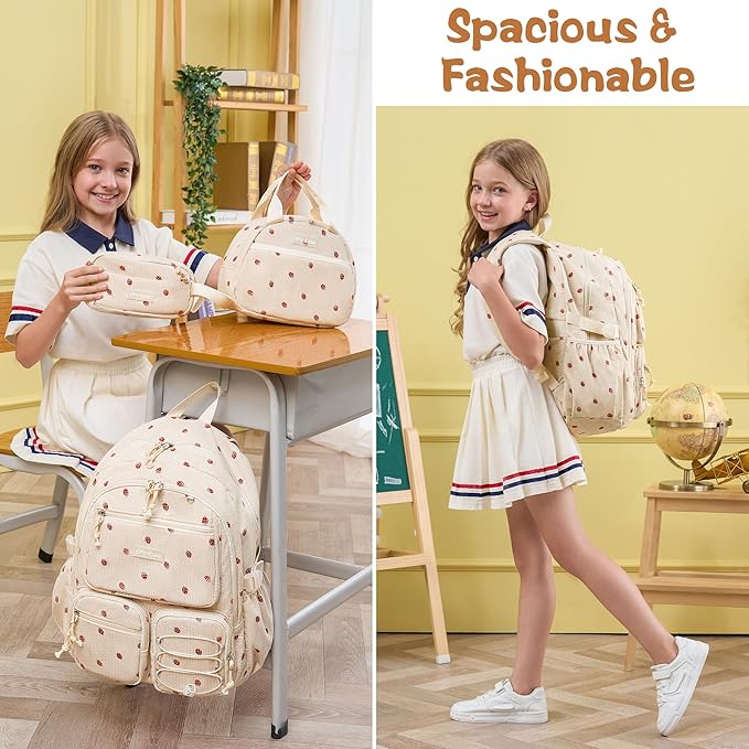 Fimibuke School Backpack for Girls Boys - 3PCS Corduroy Kids Backpack Set with Lunch Box & Pencil Pouch, Lightweight Teen Girls School Bag Laptop Bag Travel Daypack for Elementary Middle High School