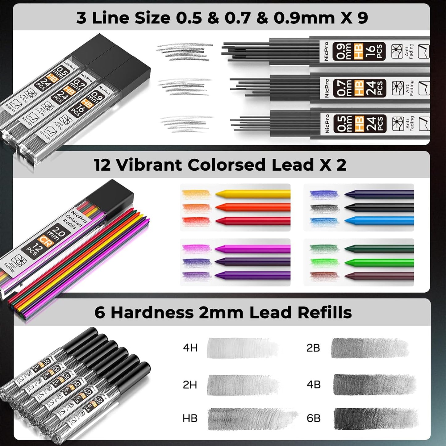 Nicpro 37PCS Art Mechanical Pencil Set, Metal Drafting Pencils 0.5 mm, 0.7 mm, 0.9 mm & 2mm Lead Pencil Holder (6B 4B 2B HB 2H 4H Colors) For Sketching Drawing With 20 Tube Lead Refills Eraser Case
