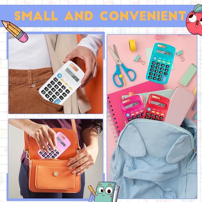 36 Packs Pocket Size Mini Calculator Basic Calculators for Handheld Angled Students 8 Digit Display Solar Battery Dual Power Small Calculator for Students Kids Home Office (12 Colors)