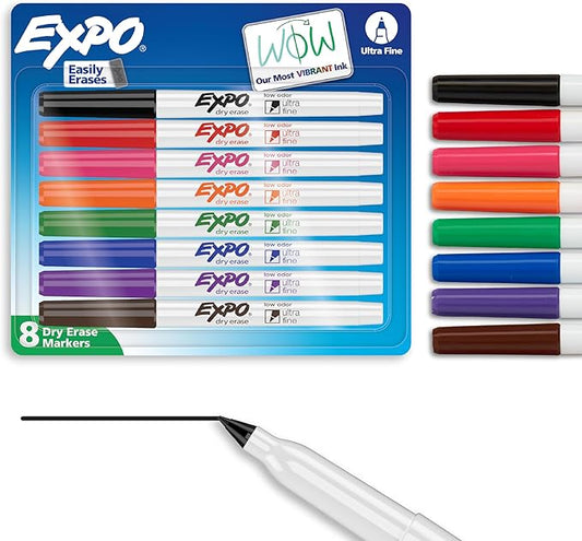 EXPO Low Odor Dry Erase Markers Ultra-Fine Tip Assorted Colors 8 Count