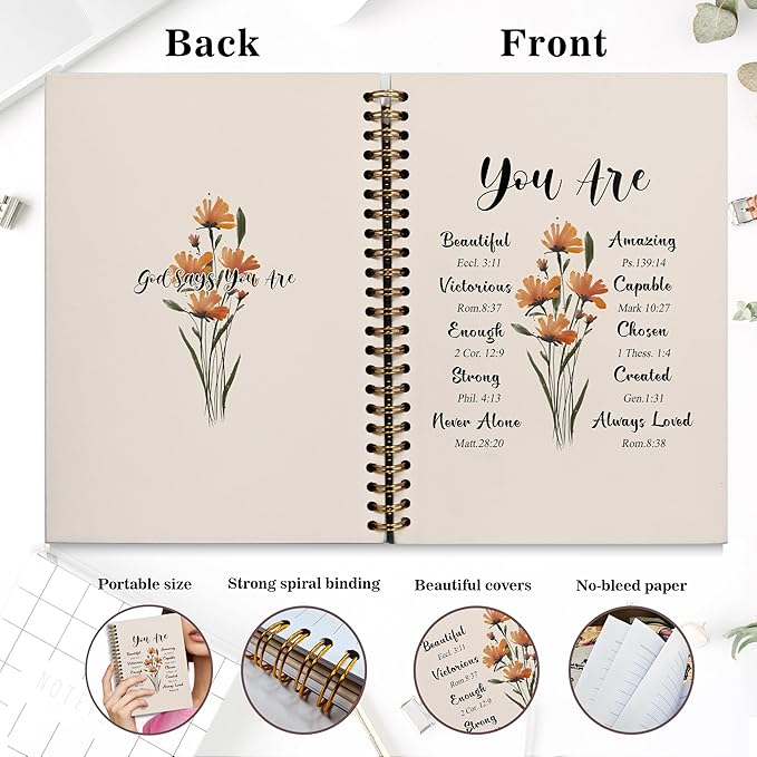 Bible Notebook, A5 Spiral Christian Journal with Floral Pink Butterfly Notebook, Bible Verse-God Says You Are, Inspirational Notebooks for Women, Bible Study, Gift for Birthday Christmas