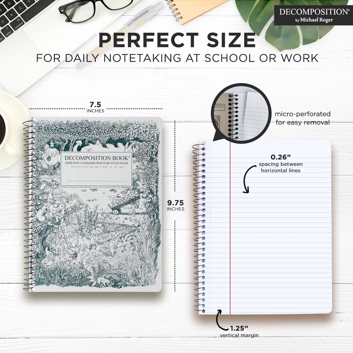 Decomposition 3-Pack Whimsical Garden College Ruled Spiral Notebook - 9.75 x 7.5 Journal, 160 Lined Pages - 100% Recycled Paper - Notebooks for School Supplies, Home & Office - Made in USA