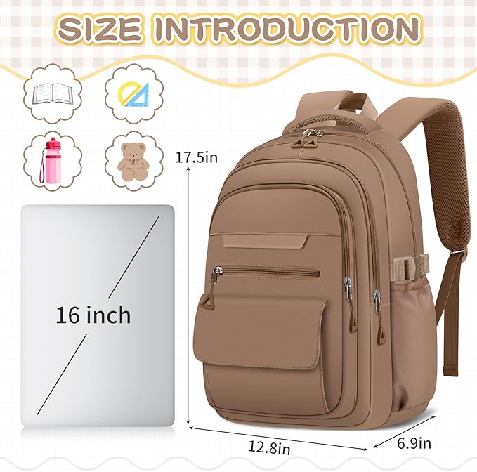 Cute Backpack for School Teen Girls Khaki Bookbag Aesthetic Womens Travel Book Bags for School Kids Student Back Packs
