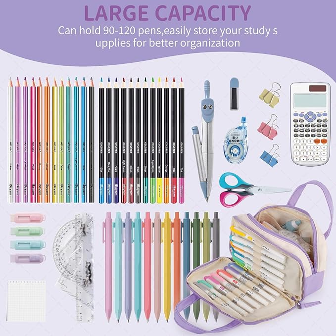 2 Compartment Pencil Case For Girls,Zipper Pencil Bag With Handle, Large Capacity quilting Pencil Pouch Organizer Aesthetic, Womens Soft Pencil Box Marker Pouch For Middle School Office College