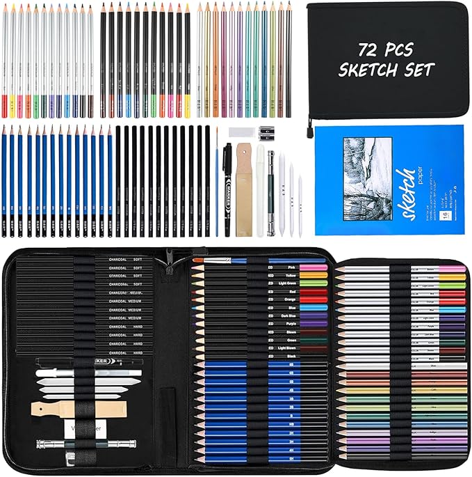 72Pcs Drawing Sketching Kit Set, Pro Art Supplies with Sketchbook, Watercolor, Graphite, Colored, Metallic, Charcoal Pencil, Drawing Set in Zipper Carry Case for Adults Teens Beginner